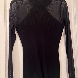 Women's Black Mesh-Inset Ribbed Long-Sleeve Top